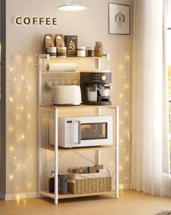 Kitchen Bakers Rack with Power Outlet, 23.6-Inch Wide Coffee Bar 4-Tier with 8 S Hooks, Modern Microwave Stand, Adjustable Shelf, Golden Oak and Cloud