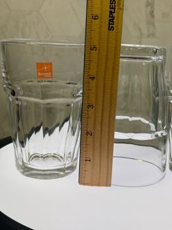 Set of (3) Bormioli Rocco brand glasses, specifically from the Rock Bar collection, featuring a faceted design and a "Made in Italy" stamp. The glasse