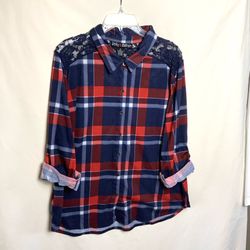 Polly & Esther Red Navy White Plaid Shirt w Lace 3X