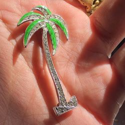 Antique Sterling Palm Tree Tropical Pin Brooch Enameled Painted 