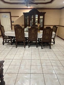 Dark Wood Dining Table Set with China Cabinet