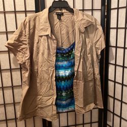 Olive camp shirt with blue green tank 