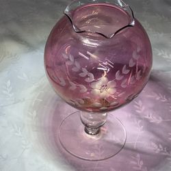 Vtg 1960’s Red Cranberry Glass Globe Fluted Etched Compote Vase 