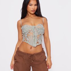 SAGE GREEN CUT OUT LACE HOOK AND EYE CORSET