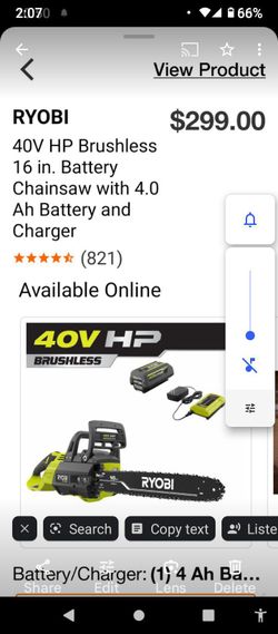 Ryobi 16 " Cordless Chainsaw Hp Brushless 40 Volt