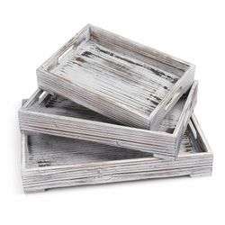 Rustic Wooden Stackable Serving Tray Set (3-Piece) – Handles, Durable, Space-Saving