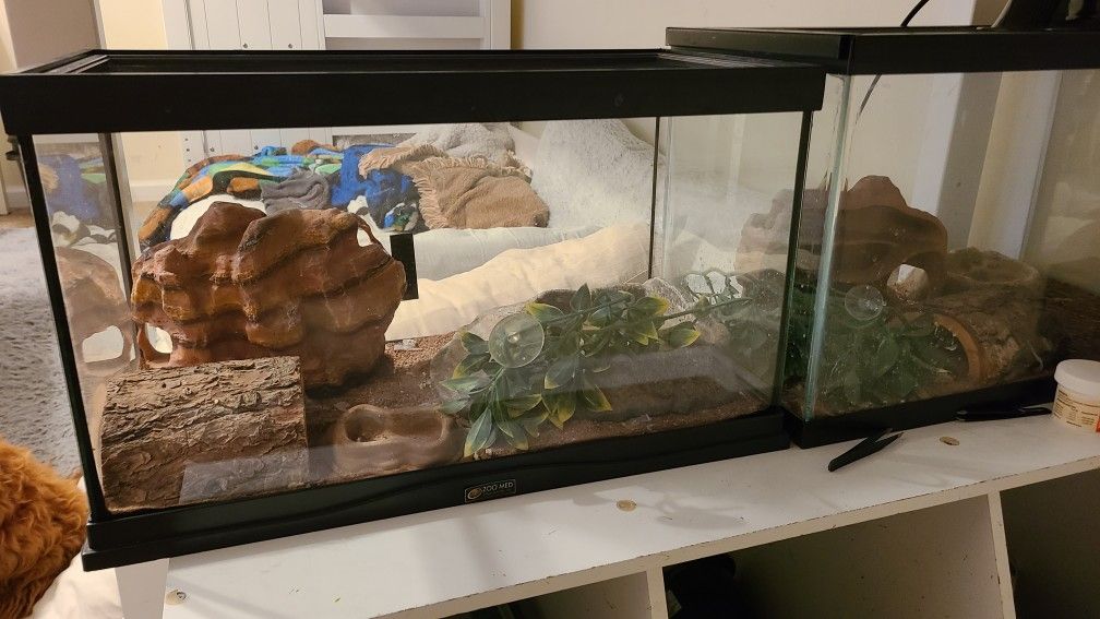 Two Reptile Tanks With Features And Heat Lamp
