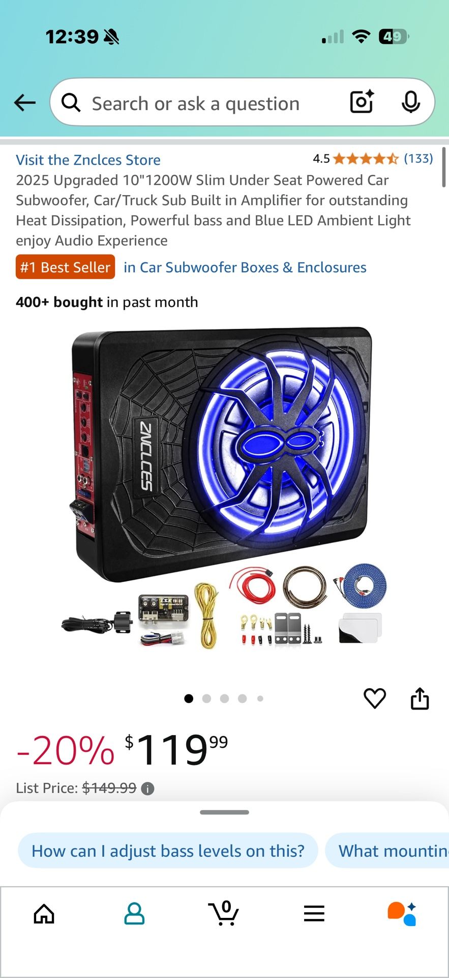 2025 Upgraded 10"1200W Slim Under Seat Powered Car Subwoofer