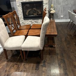 Great Wood Chairs And Bench Plus 2 White Fabric Accent Chairs