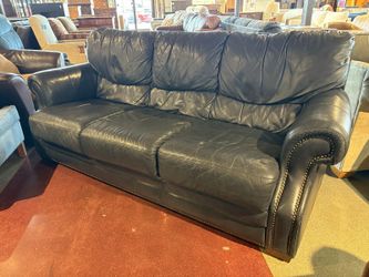 Black-Grey Leather Sofa Rolled Arms and Detailed Nailhead Trim