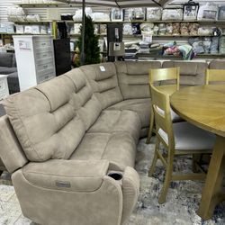 Tan Power Reclining Sectional Sofa with Cup Holders