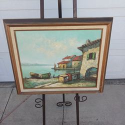Vintage framed Mediterranean Tuscany seascape villa signed oil on canvas paintimg