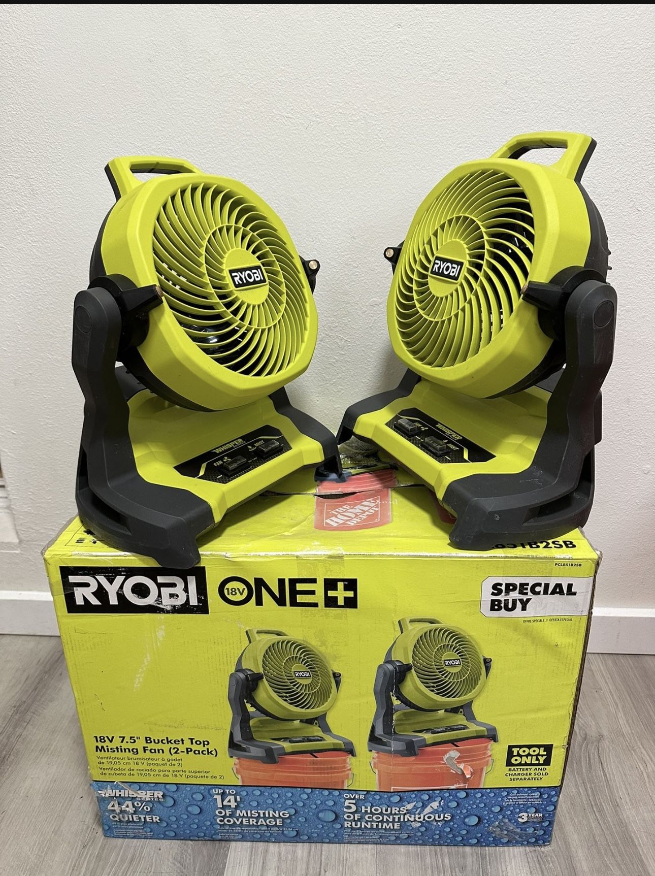 RYOBI ONE+ 18V Cordless 7-1/2 in. Bucket Top Misting Fan 2-Pack (Tools Only)