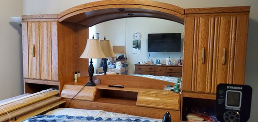 Vintage Solid Oak Pier Cabinet Wall Unit Headboard with Mirror & Storage - Estate Sale