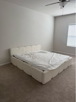 White Wood Frame King Size Upholstered Platform Cloud Bed