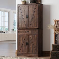 71" Tall Kitchen Pantry Cabinet with 3 Drawers,Farmhouse Storage Cabinet with 6 Barn Door Shelves,with Load-Bearing Steel Pipe and Adjustable Shelves,