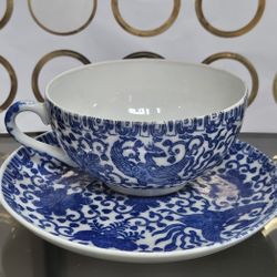 Blue Gold Pink Rose Tea Coffee Cup Saucer Set CollectibleFine Porcelain $30 Each