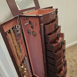 $125.00 - 1980's Mahogany Wood Jewelry Cabinet, Lots Of Storage Space + Mirror!  Solid Wood From JC Penney!  Lowest Price!