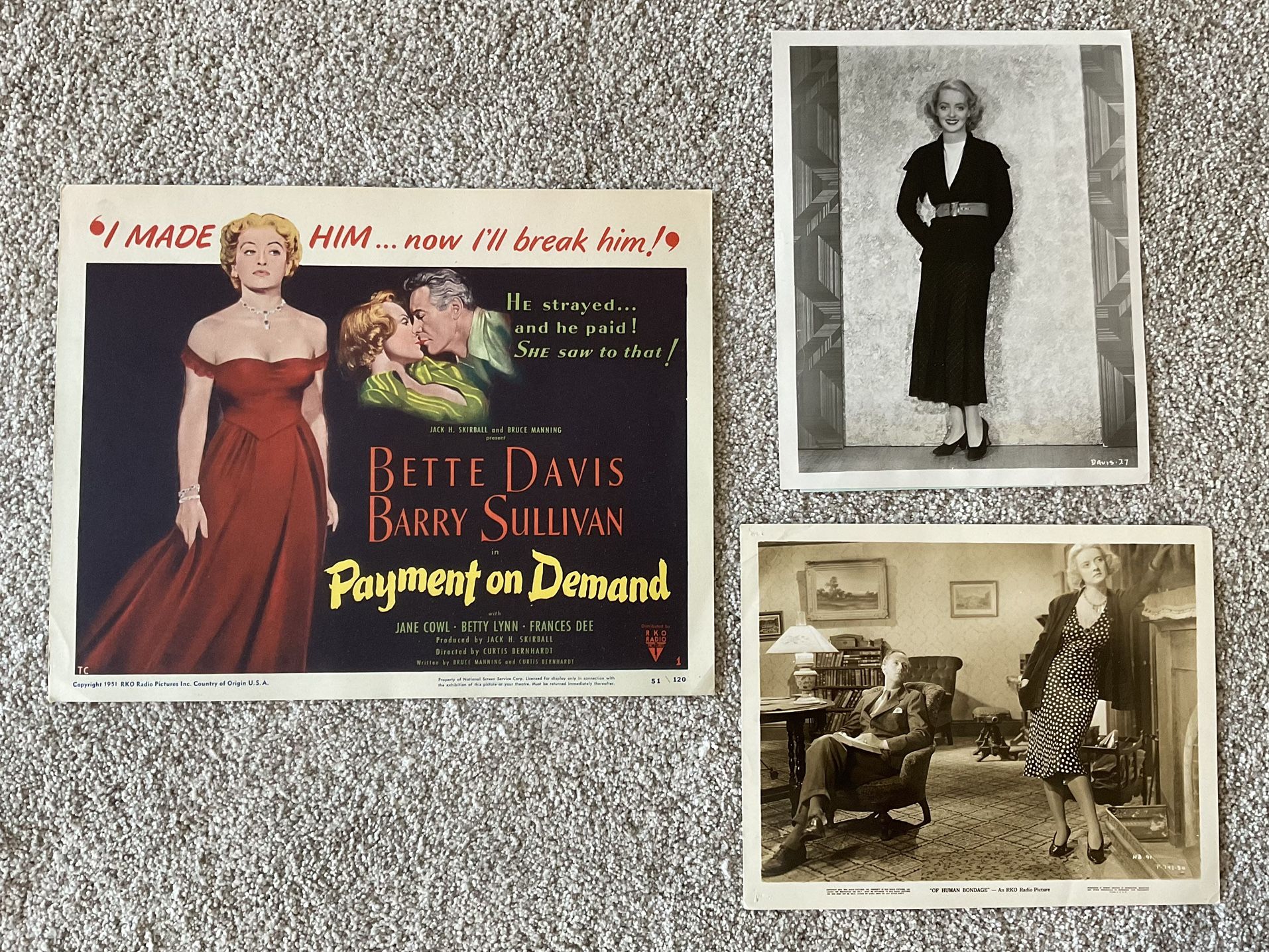 Bette Davis 1951 Film Title Lobby Card & 1930s Photo Stills “Of Human Bondage”