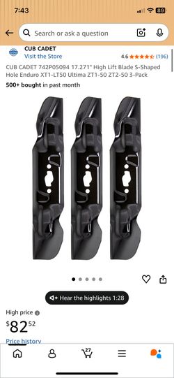 CUB CADET 742P05094 17.271" High Lift Blade S-Shaped Hole Enduro XT1-LT50 Ultima ZT1-50 ZT2-50 3-Pack