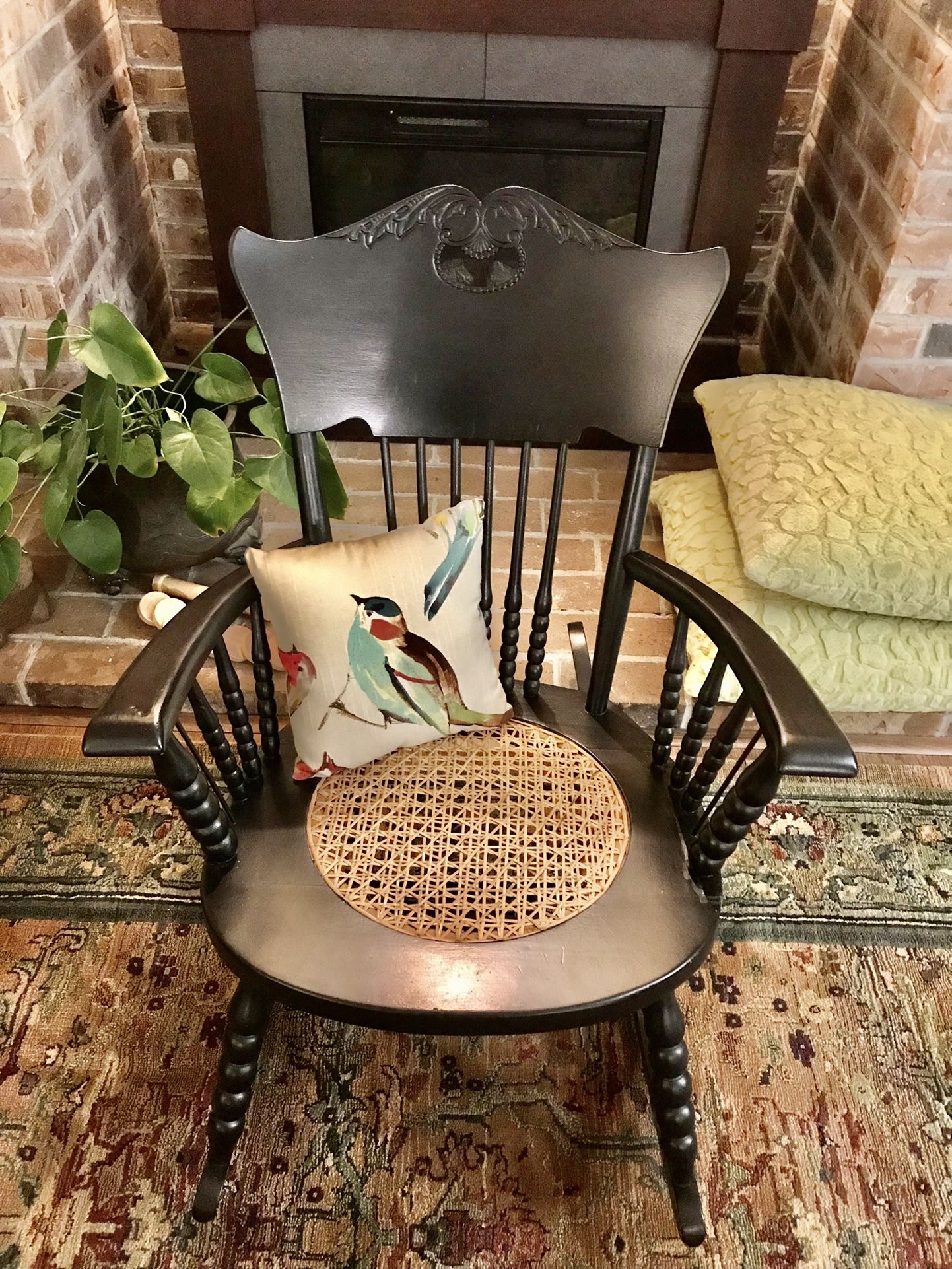 Black Wood Rocking Chair With Caned Seat