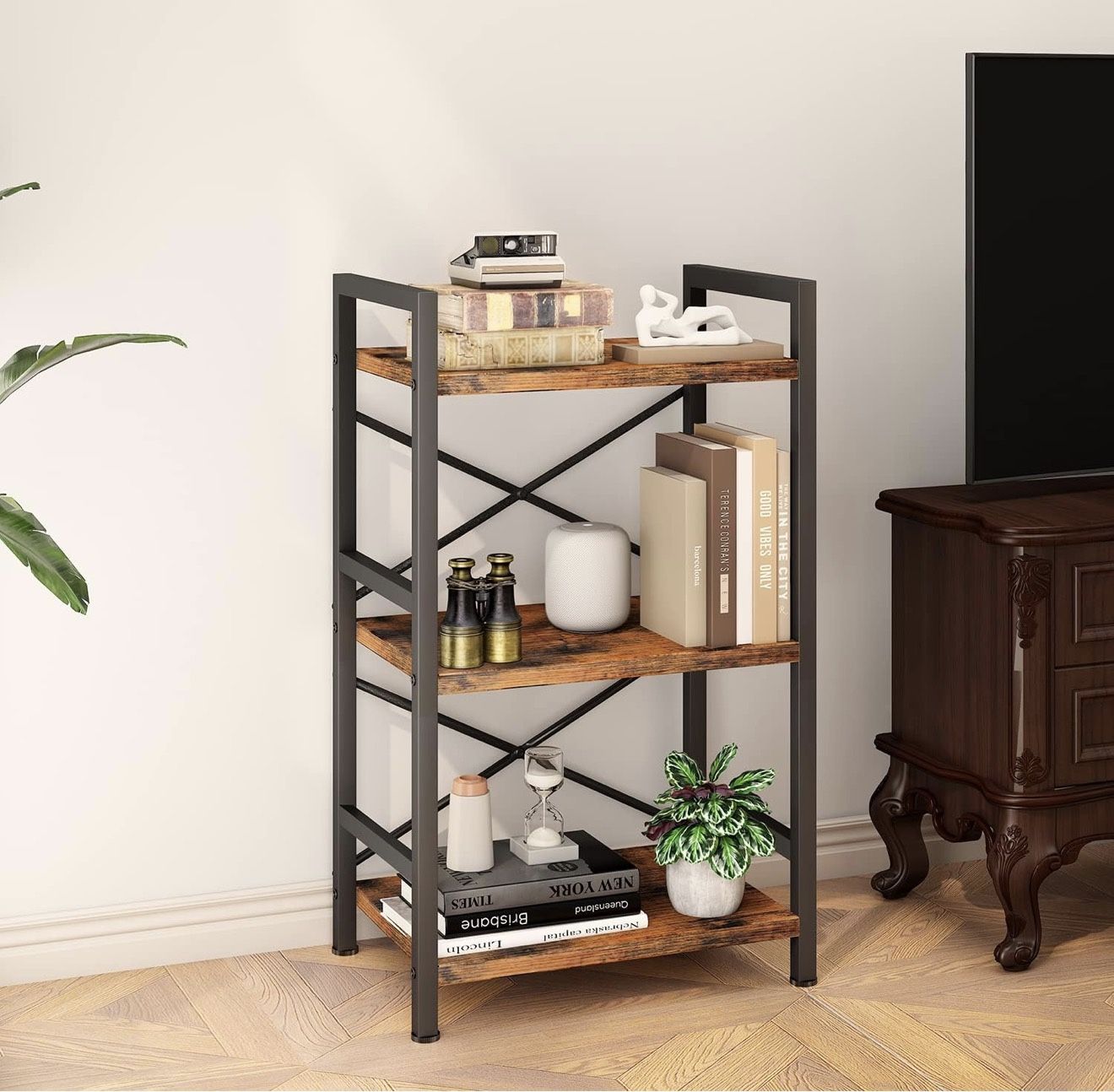 Bookshelf, 3 Tier Industrial Bookcase, Metal Small Bookcase, Rustic Etagere Book Shelf Storage Organizer for Living Room, Bedroom, and Home Office(Rus