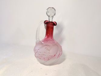 Vintage Cranberry Glass Cruet Decanter Clear Handle Faceted Stopper 5” Floral