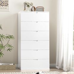 White Dresser, Tall White Dresser with 6 Drawers, Modern Wood Chest of Drawers 6 Drawer Dresser with Large Capacity, 15.7" x 23.6" x 47