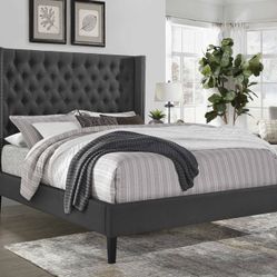 King Grey Wingback Tufted Bed W. Orthopedic Mattress