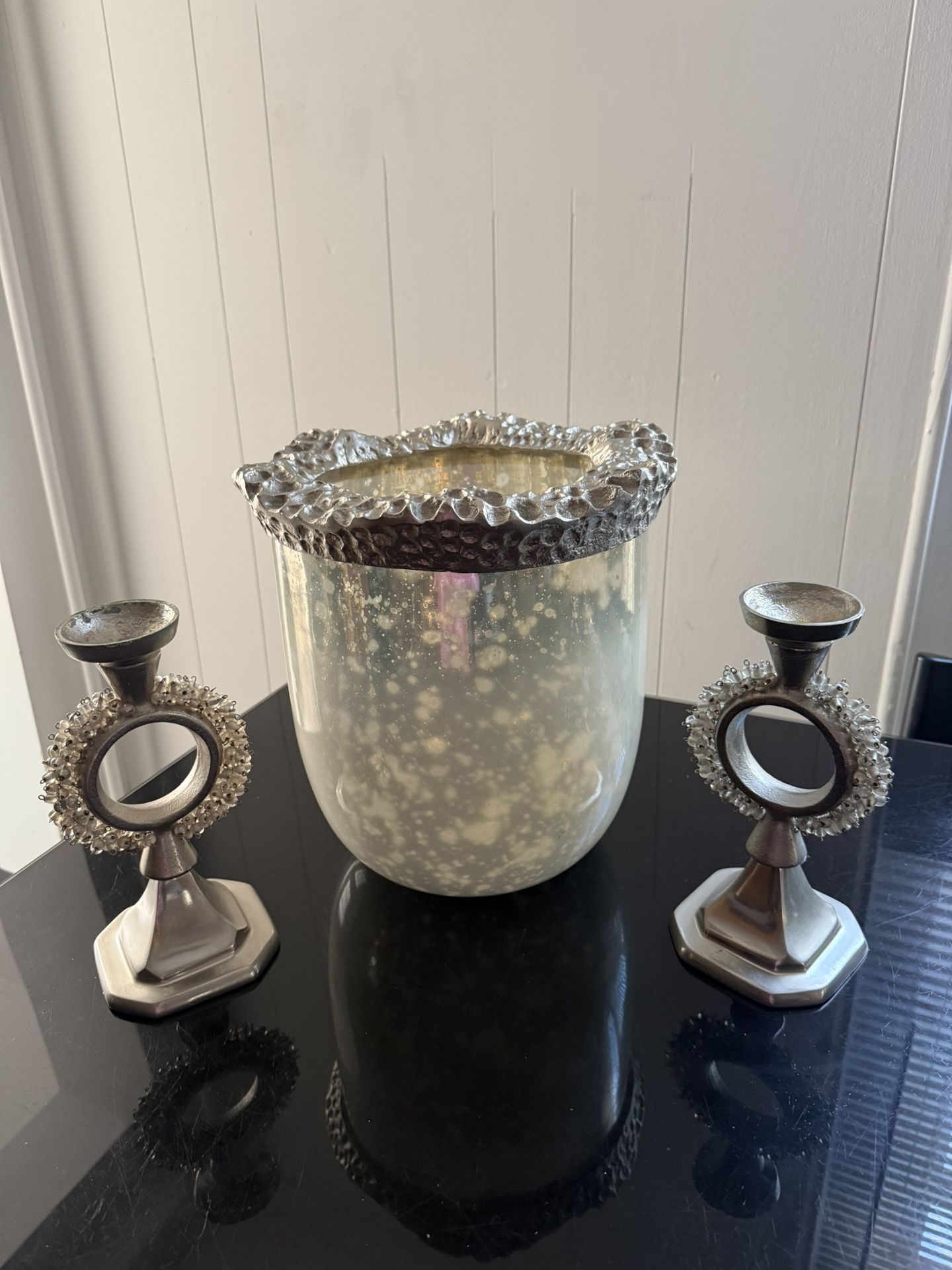 Glass & Metal Off White Vase with Two Candle Holders-Original Price $90.00