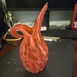 Vintage MCM Lefton Red White Orange Swirl Hand Blown Vase Pitcher Art Glass FUN