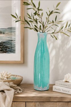 Turquoise Pottery Vase 12" round 12.25”  Ocean green,Crackle Glaze Art