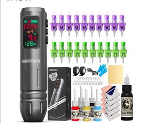 Wormhole Tattoo Kit Wireless Smart Pen Kit 1,600 mAh Capacity Battery, 20PCS Tattoo Needles with Finger Ledge, Complete Tattoo Machine Kit
