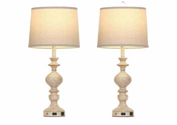 28-inch Retro Resin Table Lamp, 3-Way Dimmable, with USB C+A Ports and AC Power