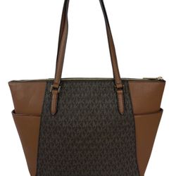  Michael Kors Charlotte Large Logo and Leather Top-Zip Tote Bag, Brown
