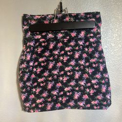 Women’s high waisted double lines black & pink flower roses mini skirt size XS