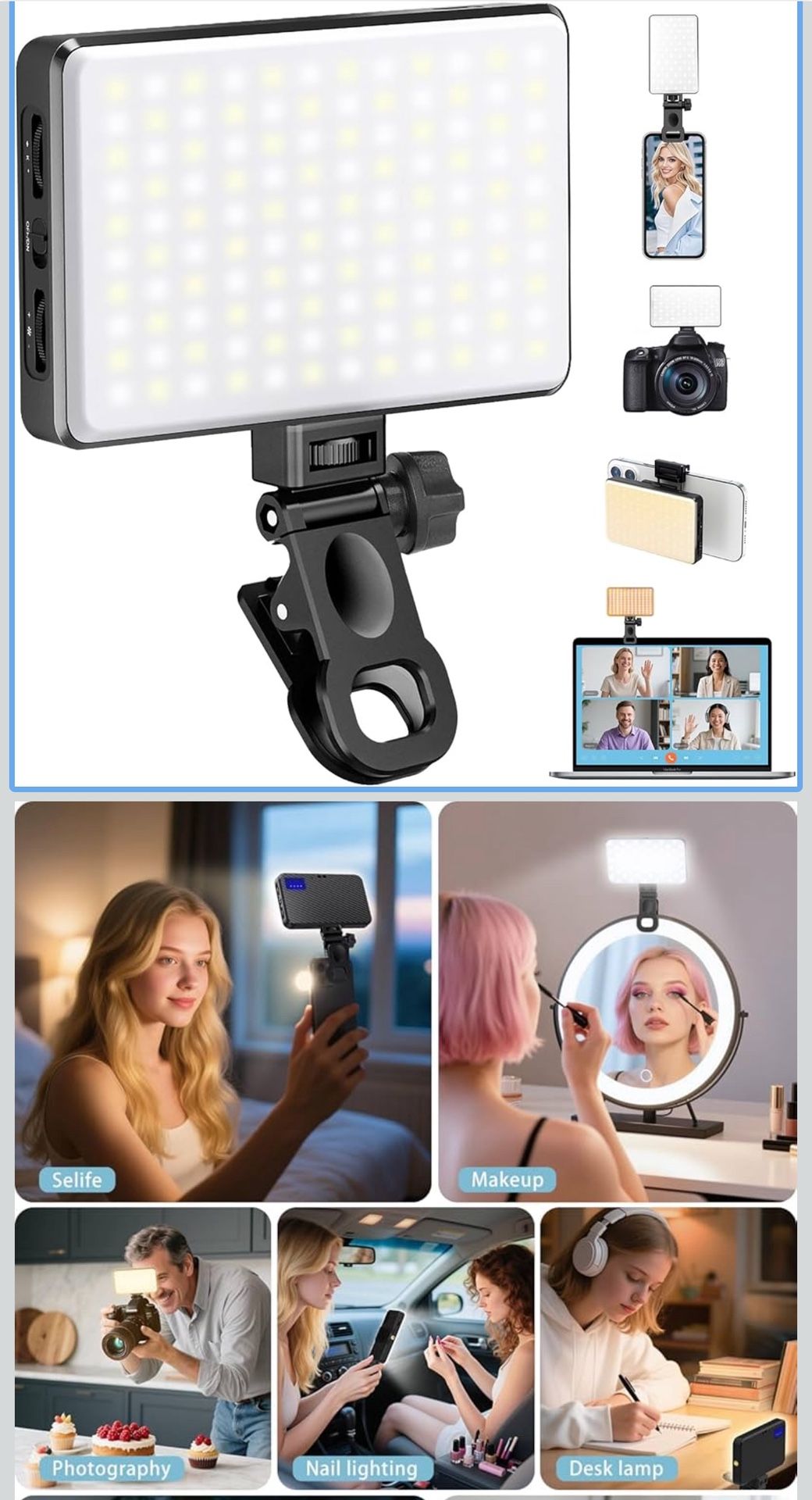 168 LED Phone Light, Selfie Light for iPhone/iPad/Camera, Portable Video Conference Lighting with Clip, Rechargeable 3000mAh CRI 95+, 3 Lights Modes A