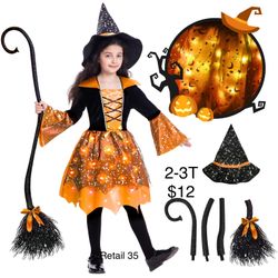 Toddler Kids Orange Witch Halloween Costume 2-3T/ Disfraz de Bruja Bebe