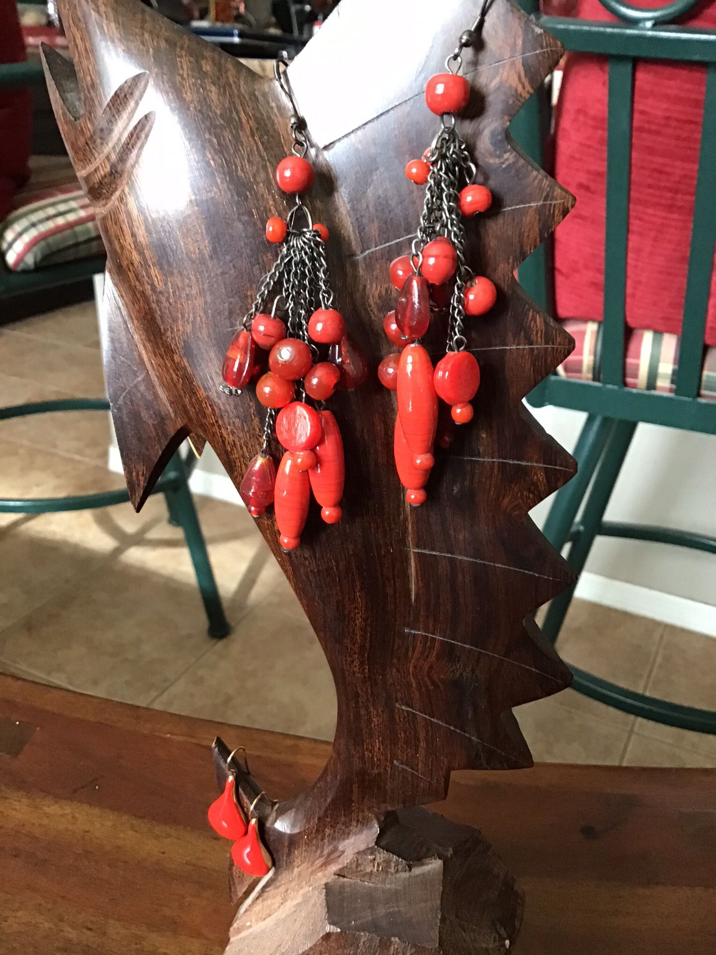 Red glass and enamel earrings