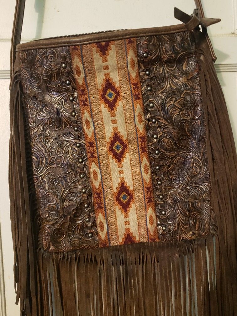 Shyanne Brown Leather Western / Aztec Style Crossbody Purse With Fringes