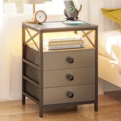 Lvifur LED Nightstand with Wireless Charging Station, Auto Sensor 3 Color Dimmable End Table, Side Table with 3 Drawers for Bedroom, Living Room, Sofa