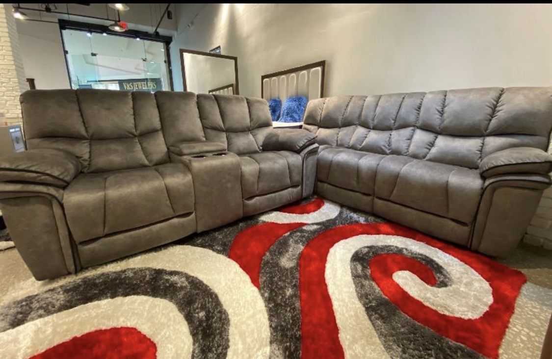 Holiday sale. Barcelona, soft, gray reclining sofa and loveseat set only $1299. Easy finance option. Same day delivery.