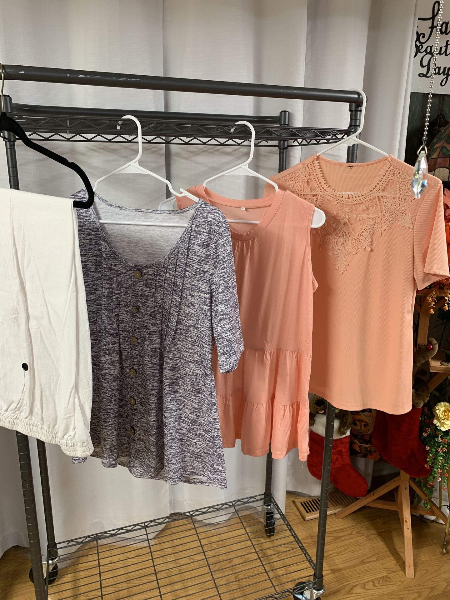 Peach Tops, Grey Top, And White Pants