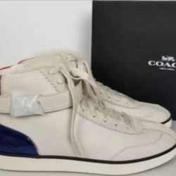 COACH C213 Shearling Women's Chalk Leather High Top Lace Up Sneaker w/Red & Blue