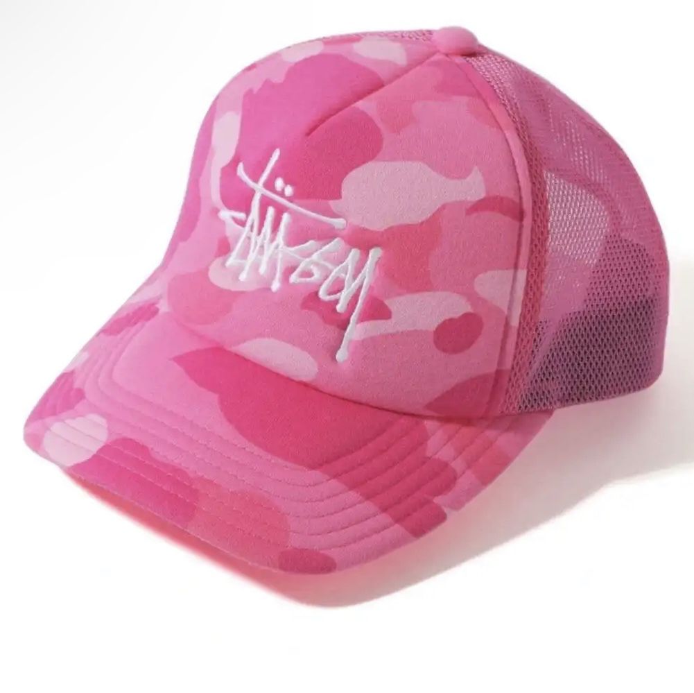 BAPE X STUSSY Pink CAMO TRUCKER HAT
