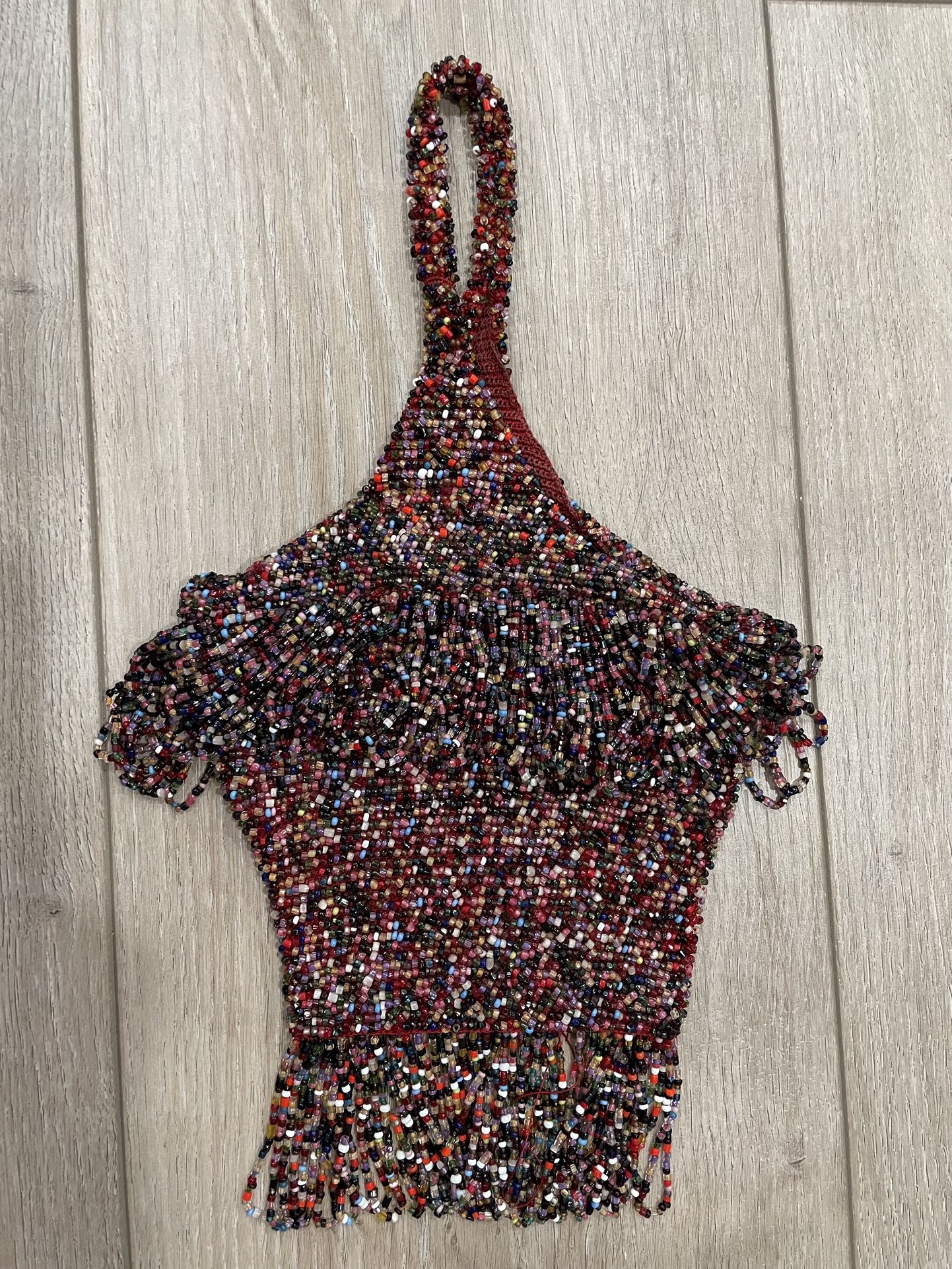 Vintage Multicolored Beaded Fringe Wristlet Purse Small Handbag - Red