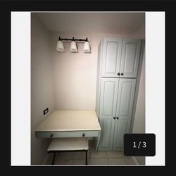 Custom Vanity Makeup Station Bundle with Storage Cabinet, Chair & Light Fixture