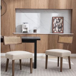 Mid Century Rattan Dining Chairs - Set of 2, Black/Beige