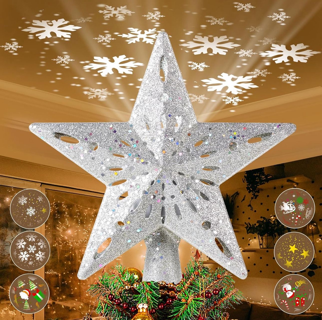 Christmas Tree Topper Star: 10" Xmas Tree Topper with 6 Projection Modes Built-in LED Rotating Projector Light 3D Glitter Star Tree Topper for Xmas Pa