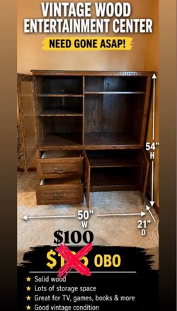 🔥 SOLID WOOD ENTERTAINMENT CENTER — $70 OBO — MUST GO TOMORROW